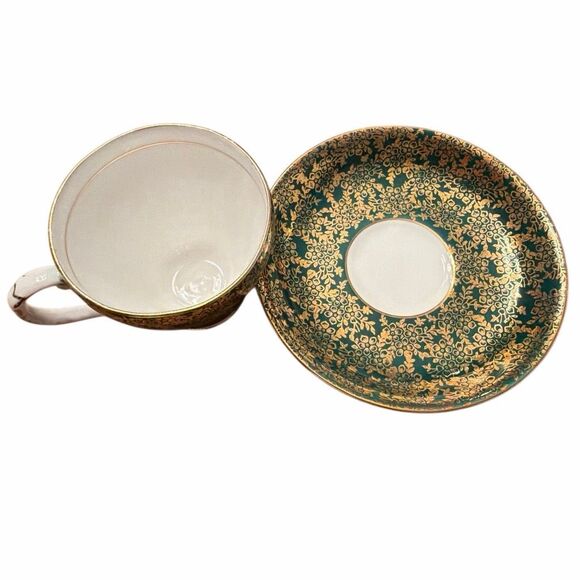 Royal Grafton-bone China-teacup, saucer porcelain Dark green gold floral design - Picture 7 of 8